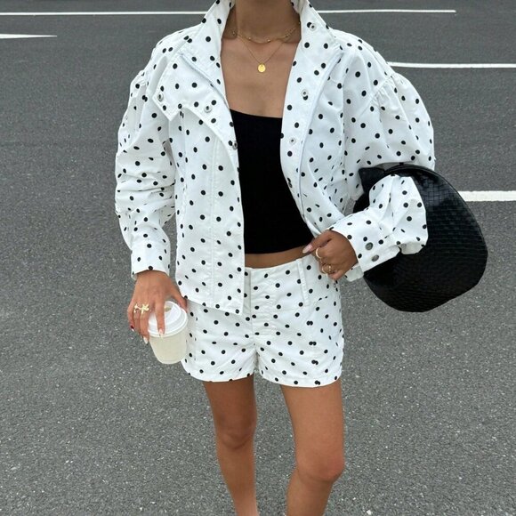 Casual Women's Polka Dot Print Long Sleeve Zip Front Jacket And Shorts set - Picture 3 of 6